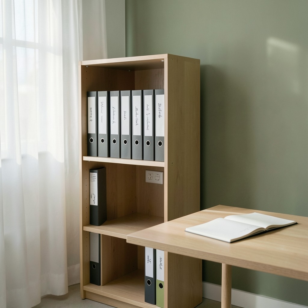 Estantería con carpetas de convenios y un cuaderno de notas abierto