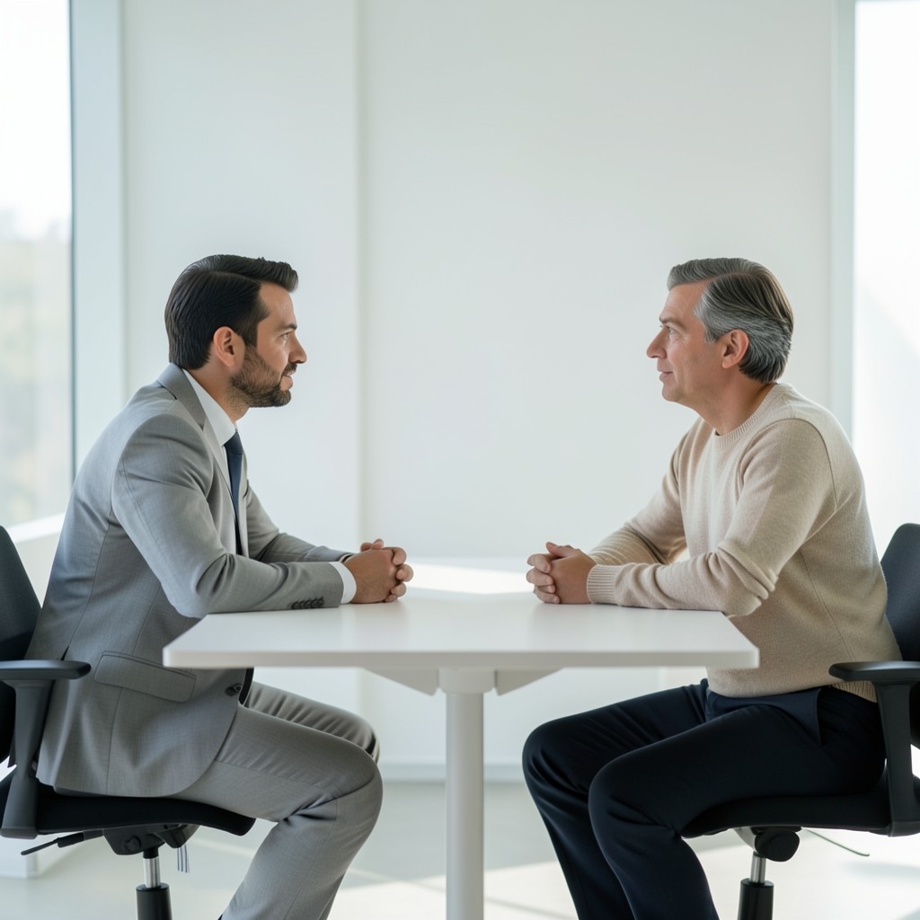 Dos personas ensayando una conversación profesional en una sala de reuniones