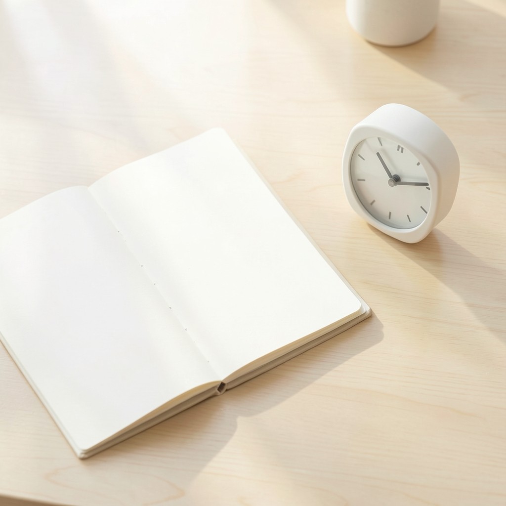 Agenda abierta junto a un reloj de mesa en un despacho luminoso