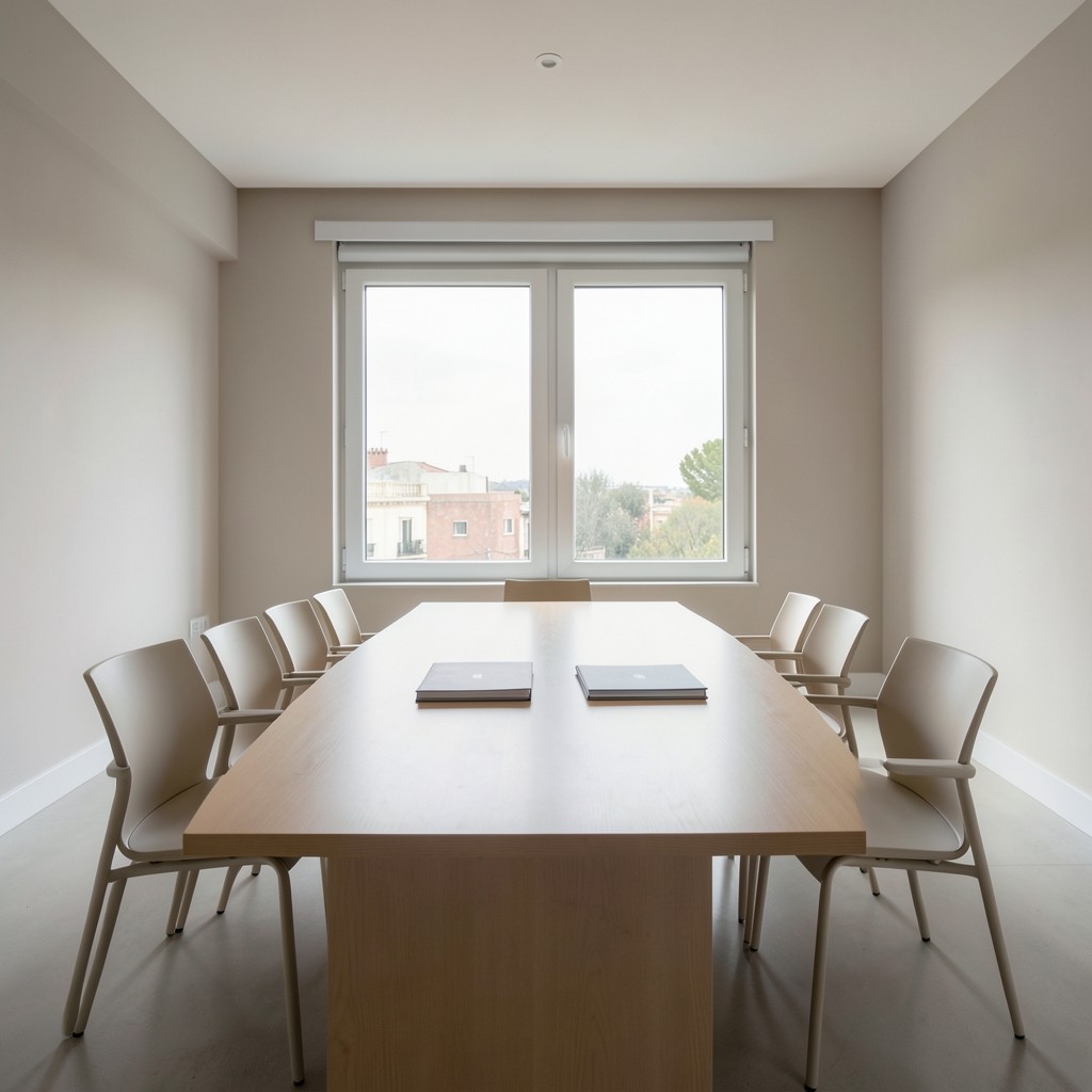 Sala de reunión sobria con carpetas preparadas para una sesión de asesoramiento