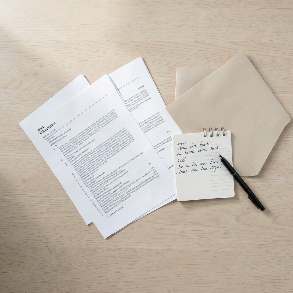 Mesa de trabajo con documentos laborales y notas de preparación para una negociación