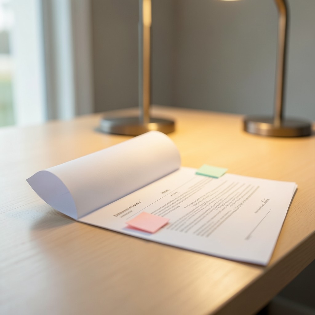 Contrato laboral abierto sobre escritorio con subrayados y anotaciones